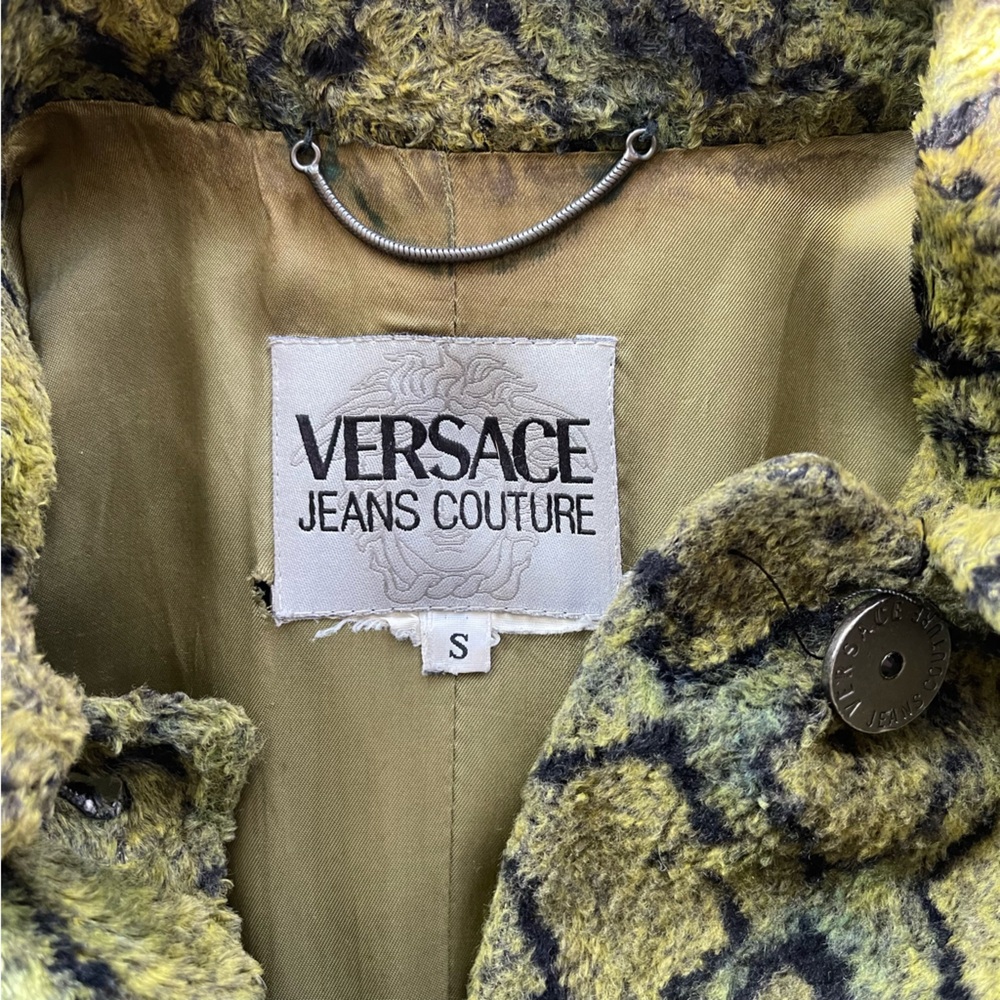 Versace Jeans Couture Olive Snake Print Faux Fur Coat - Picture 3 of 10